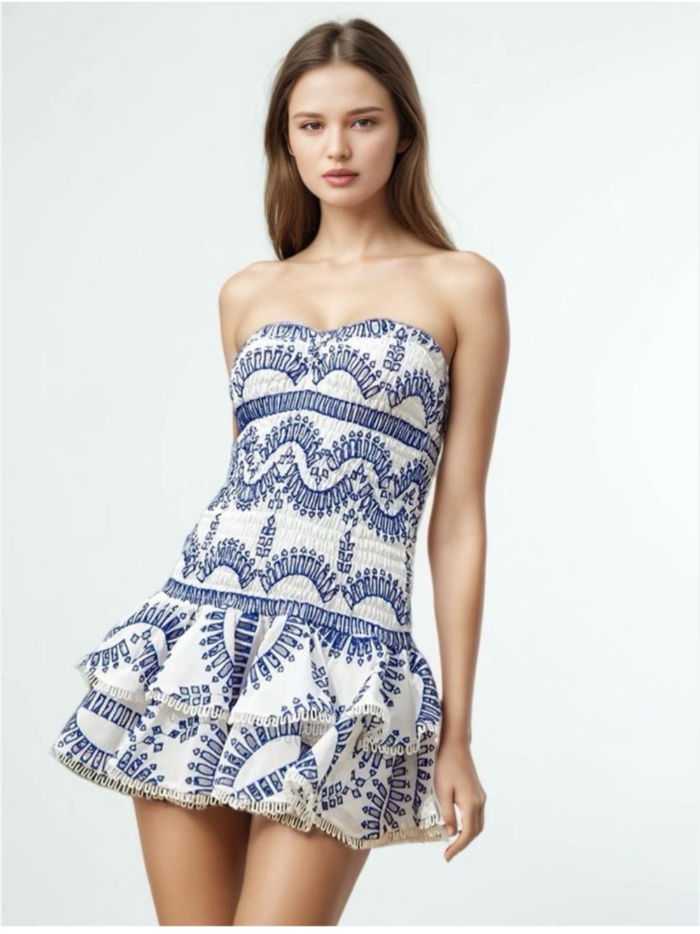 Fancy Navy & White Smocked Ruffle Mini Dress - Size Medium - Like New